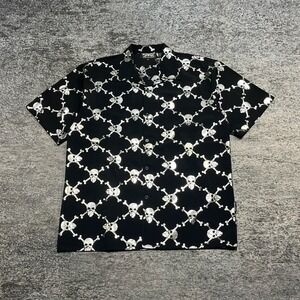 Vintage Y2K Dragonfly Button Up Shirt Mens XL Black White Grunge Cyber Skull